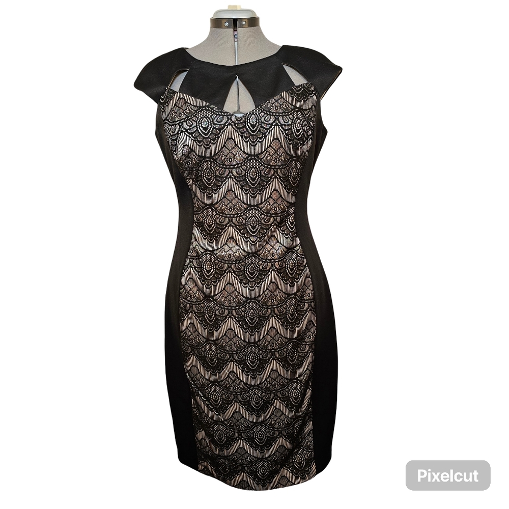 👍Jax black scuba and lace cap sleeve cutout neck details bodycon midi dress 12